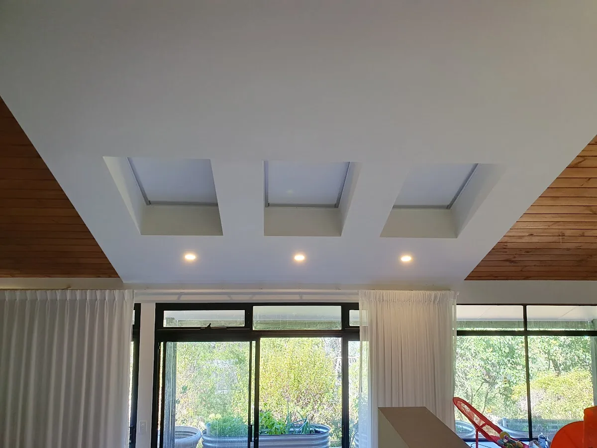 Skylights, LED downlights and timber bulkhead