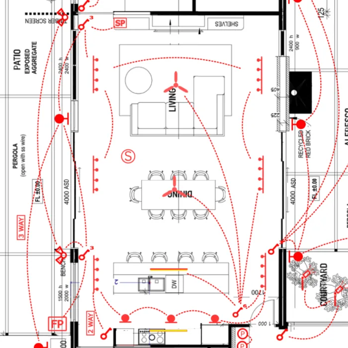 Zoomed-in electrical and lighting plan showing circuit layout