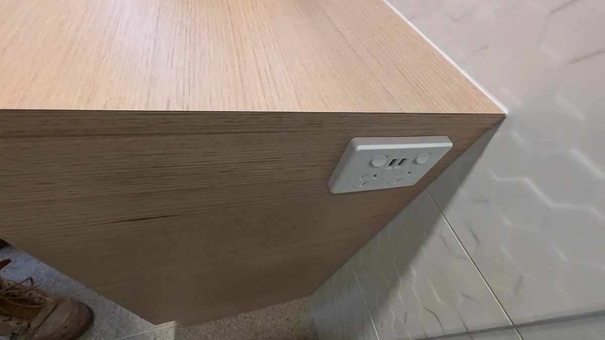 Double power point with USB-C ports in timber vanity