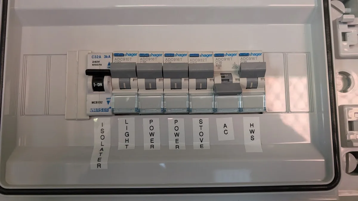 Neat Hager switchboard with labelled circuit breakers
