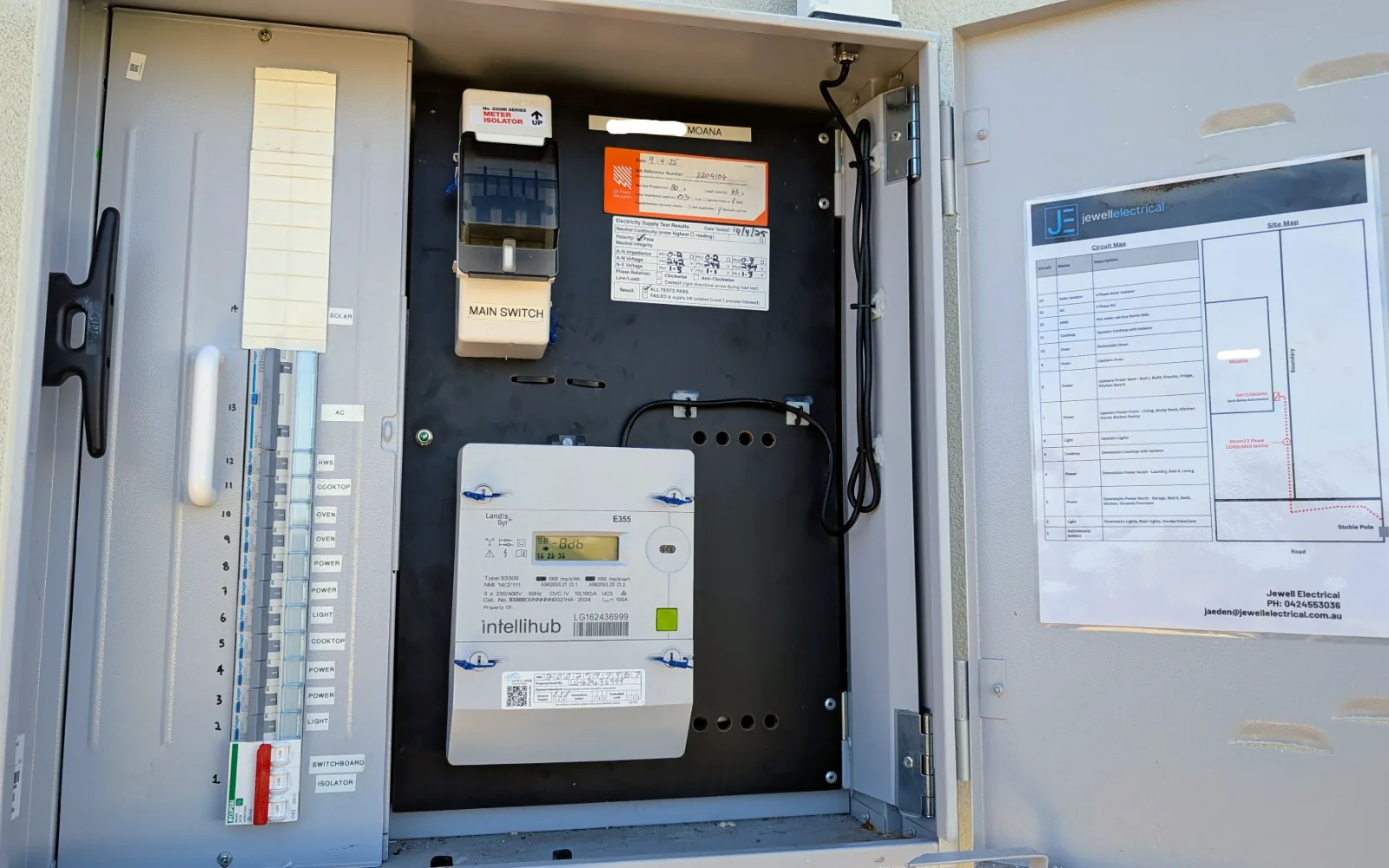 Neat labelled switchboard with branded circuit map